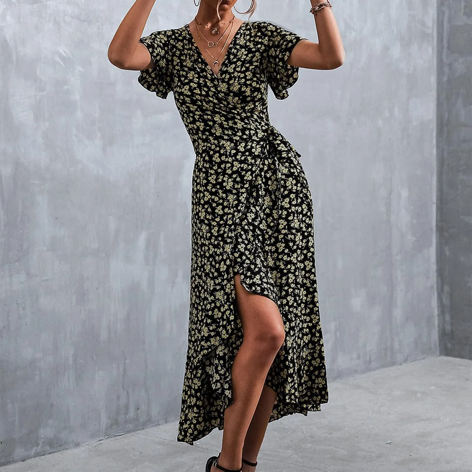 Ollysqiar Dresses Women's 2023 Floral Summer Dress Wrap V Neck Short Sleeve Belted Ruffle Hem A-Line Bohemian Dresses A02 96
