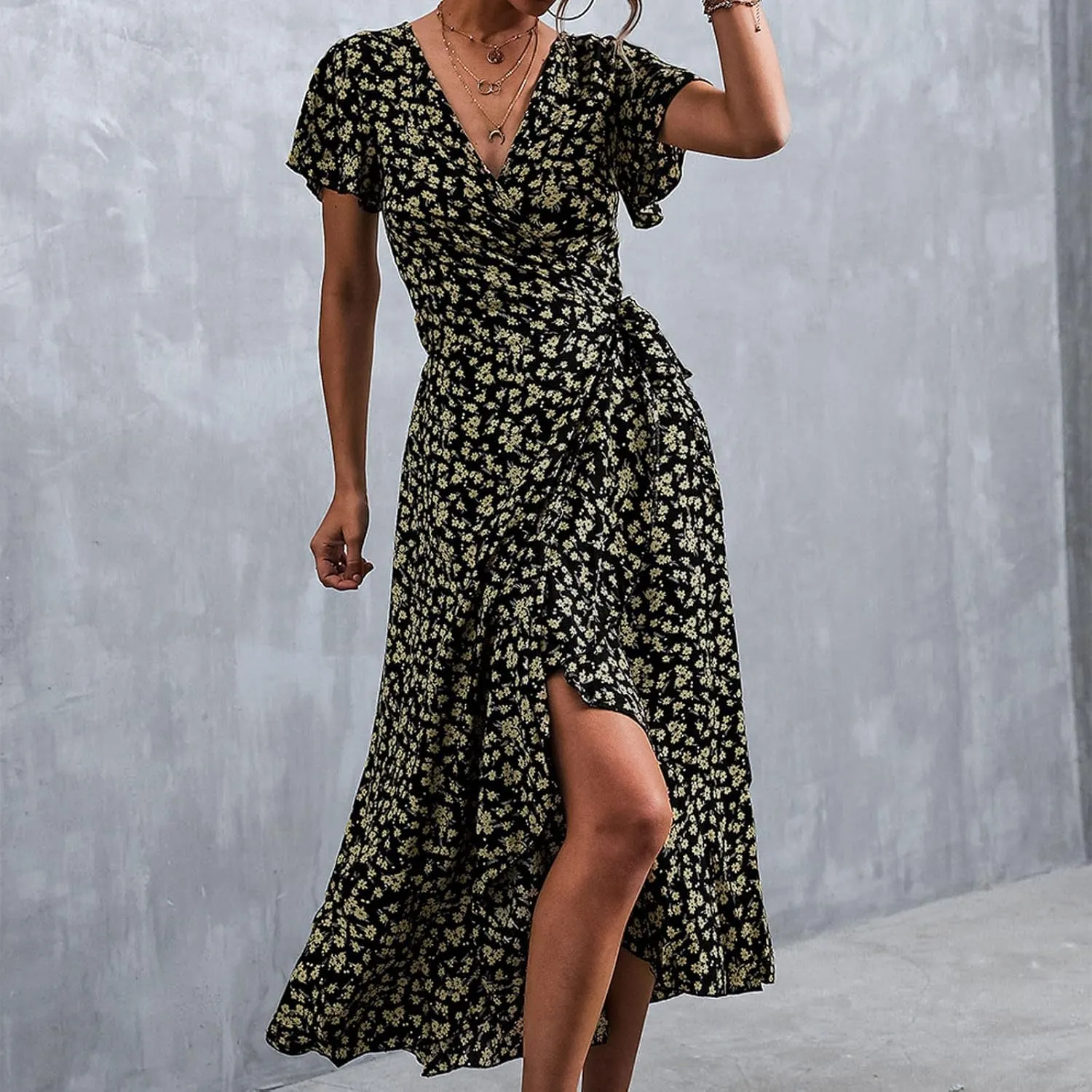 Ollysqiar Dresses Women's 2023 Floral Summer Dress Wrap V Neck Short Sleeve Belted Ruffle Hem A-Line Bohemian Dresses A02 96