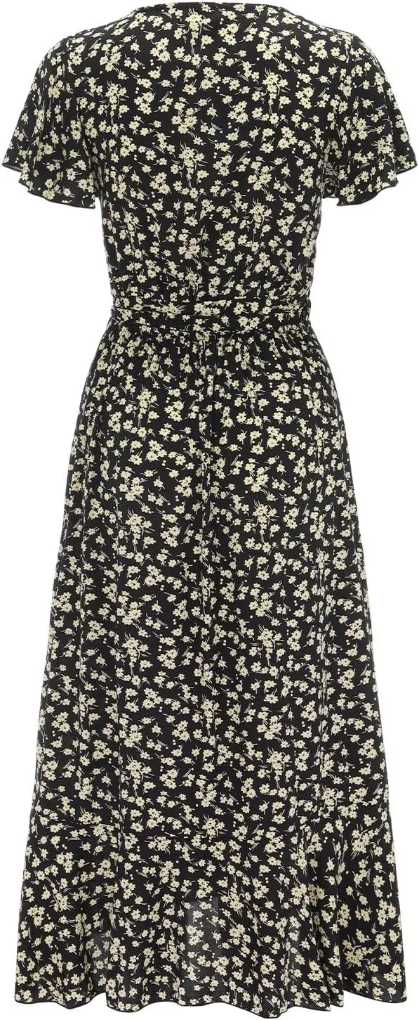 Ollysqiar Dresses Women's 2023 Floral Summer Dress Wrap V Neck Short Sleeve Belted Ruffle Hem A-Line Bohemian Dresses A02 96