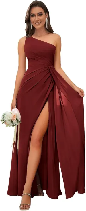 One Shoulder Bridesmaid Dresses for Women Ruched Chiffon A Line Evening Formal Gown with Slit
