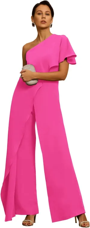 One Shoulder Mother of The Bride Jumpsuit Chiffon Plus Size Formal Evening Outfit with Draping