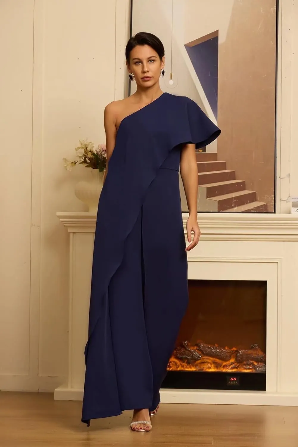 One Shoulder Mother of The Bride Jumpsuit Chiffon Plus Size Formal Evening Outfit with Draping