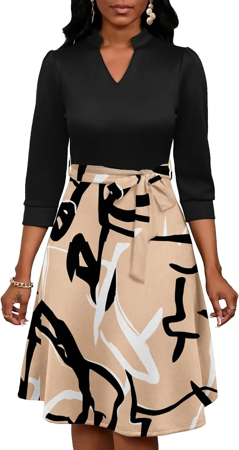 PerZeal Women's Casual Flowy A-Line Midi Dress Flared V-Neck Colorblock Print for Wedding Guest 3/4 Sleeve Dress with Belt