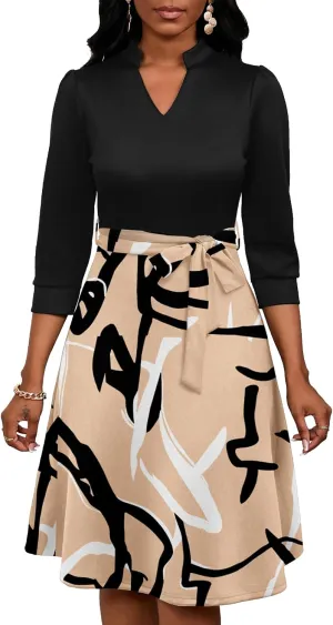 PerZeal Women's Casual Flowy A-Line Midi Dress Flared V-Neck Colorblock Print for Wedding Guest 3/4 Sleeve Dress with Belt