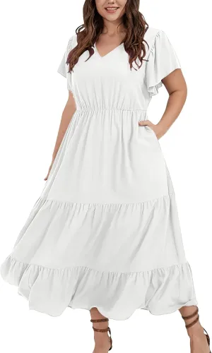 Plus Size Summer Dresses Casual Sleeveless High Waist Smocked Sundress V Neck Loose Beach Long Dress with Pockets