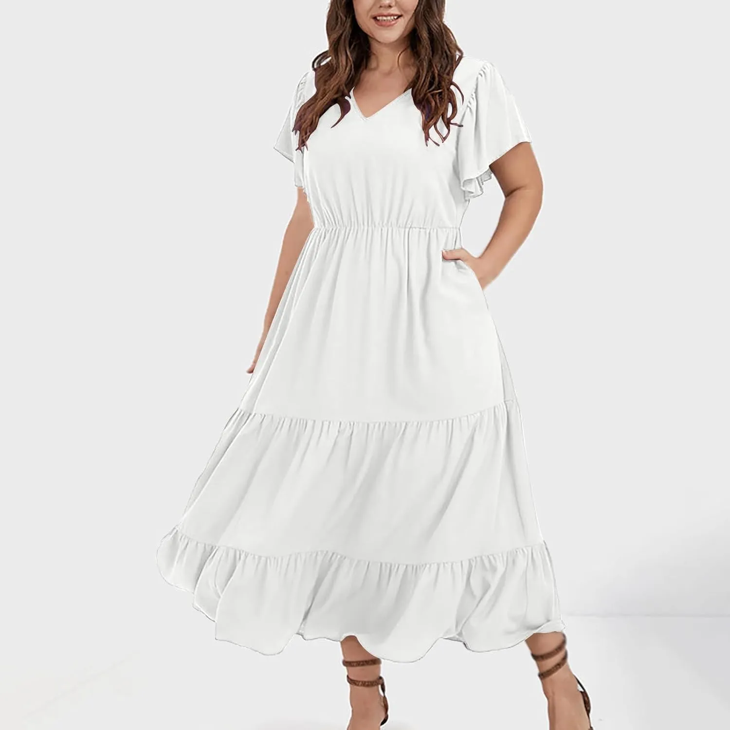 Plus Size Summer Dresses Casual Sleeveless High Waist Smocked Sundress V Neck Loose Beach Long Dress with Pockets