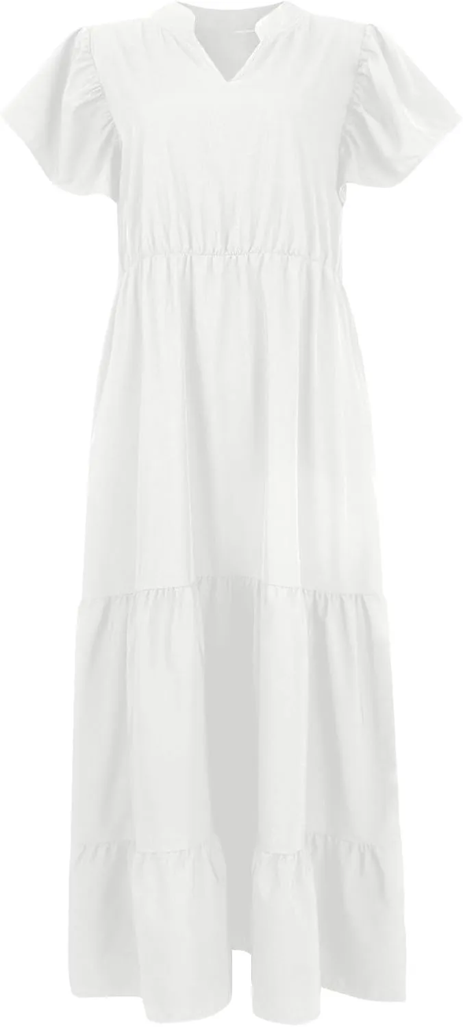 Plus Size Summer Dresses Casual Sleeveless High Waist Smocked Sundress V Neck Loose Beach Long Dress with Pockets