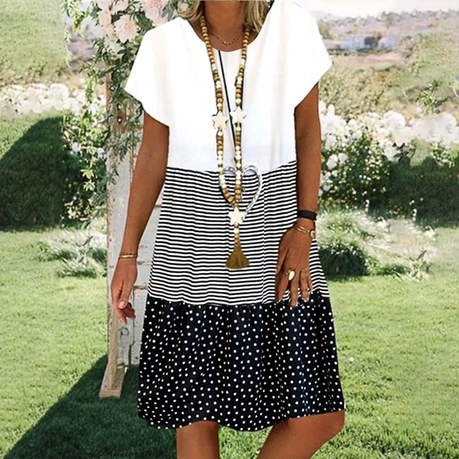 Plus Size Summer Dresses for Women 2024 Tiered Color Block Stripe Shift Dress Swing Casual Flowy Midi Sundresses