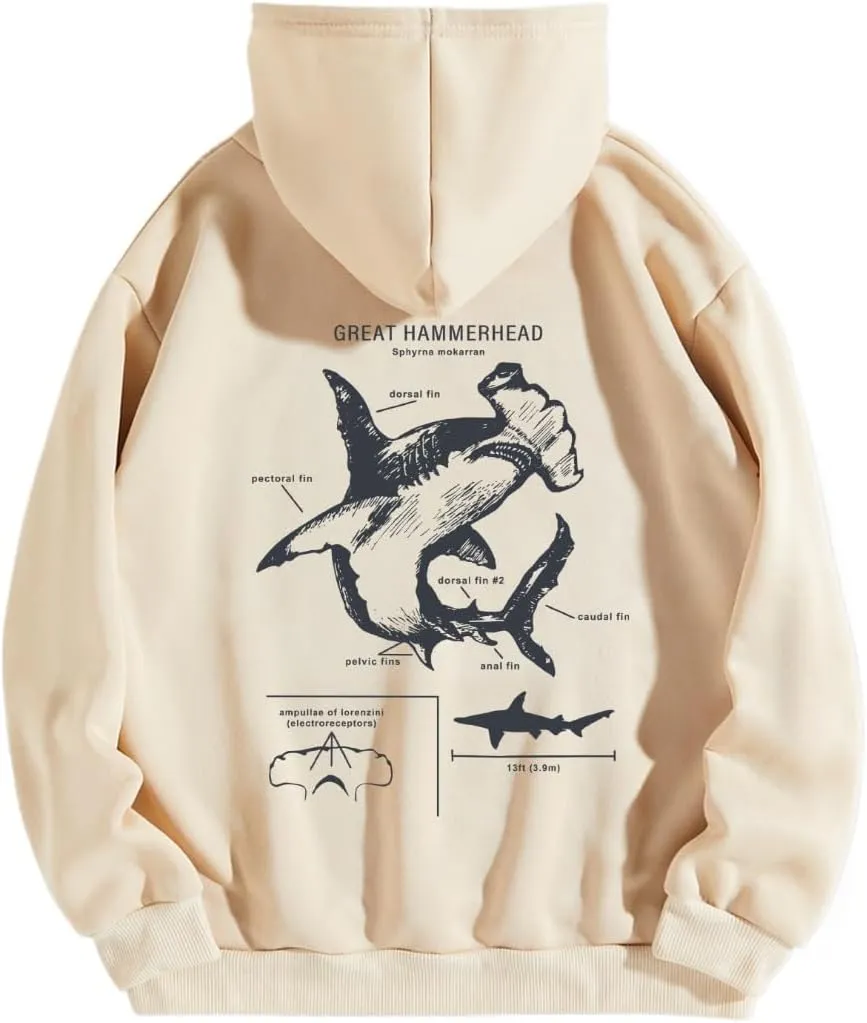 RICHTRUE Women Graphic Hoodies Y2k Hoodies Cute Preppy Pullover Sweater Hooded Oversized Graphic Sweatshirts Shark Sweatshirt