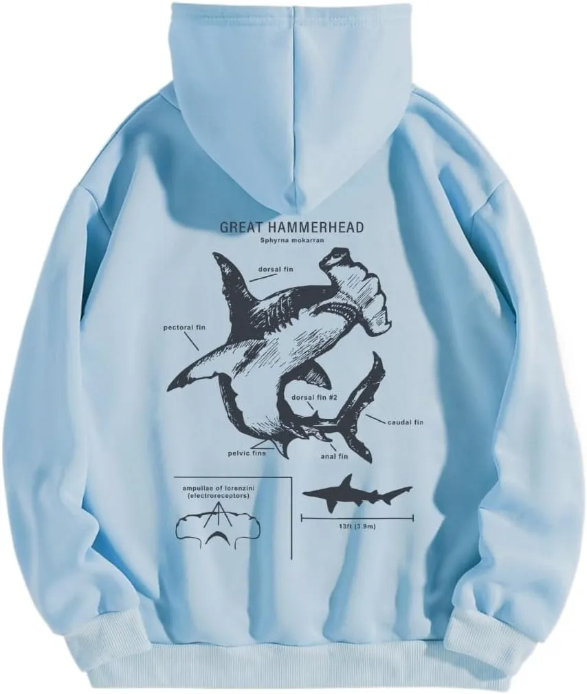 RICHTRUE Women Graphic Hoodies Y2k Hoodies Cute Preppy Pullover Sweater Hooded Oversized Graphic Sweatshirts Shark Sweatshirt