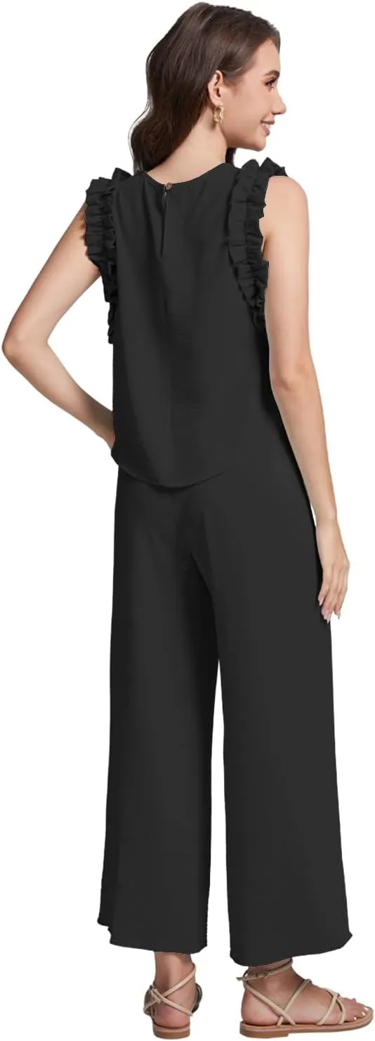 ROYLAMP Women's Summer 2 Piece Outfits Ruffled Round Neck Tank Jumpsuits Cropped Wide Leg Pants Matching Set
