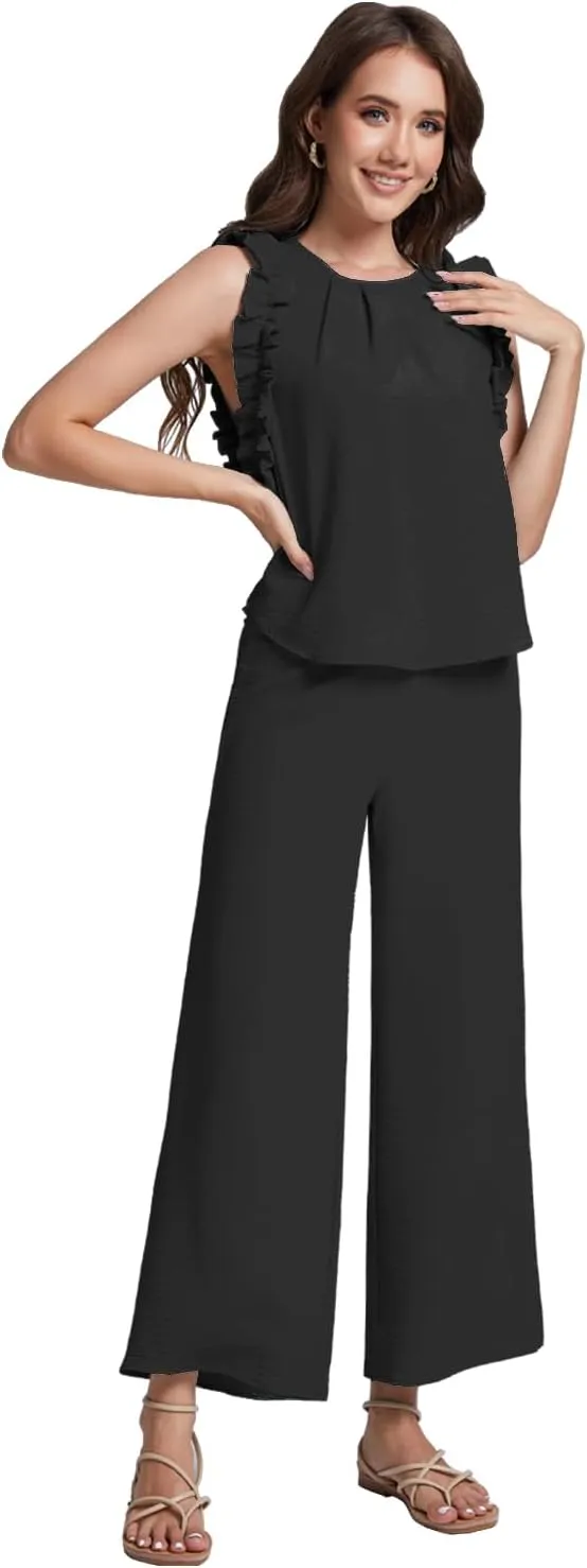 ROYLAMP Women's Summer 2 Piece Outfits Ruffled Round Neck Tank Jumpsuits Cropped Wide Leg Pants Matching Set