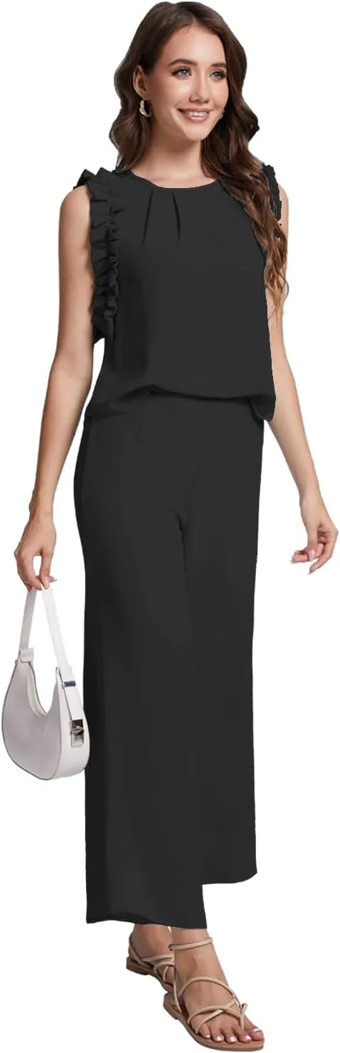 ROYLAMP Women's Summer 2 Piece Outfits Ruffled Round Neck Tank Jumpsuits Cropped Wide Leg Pants Matching Set