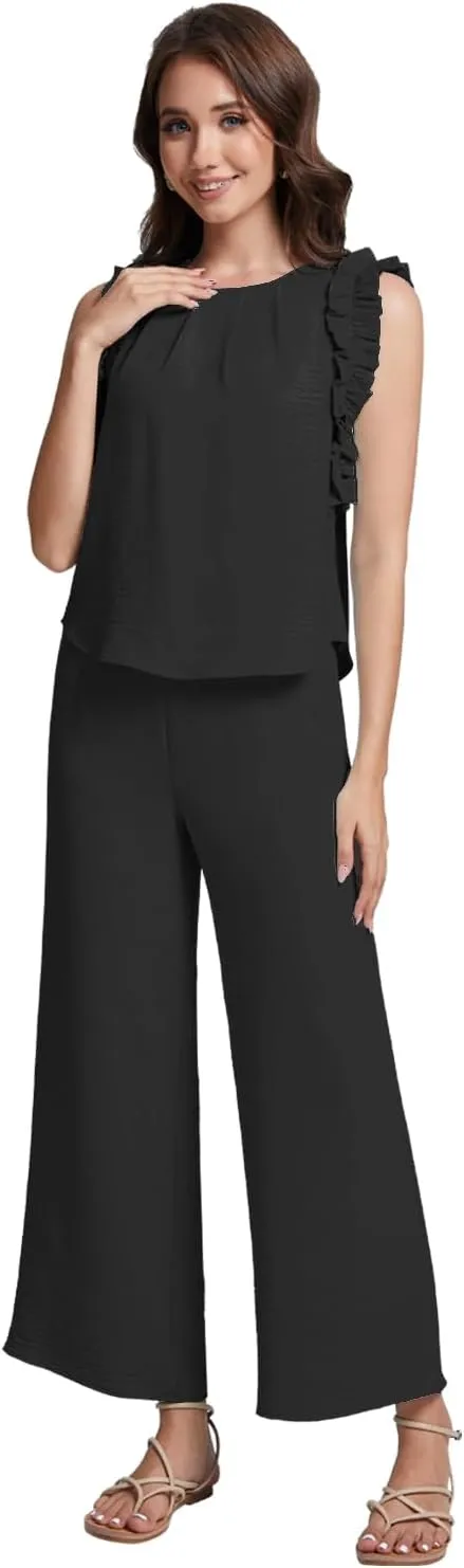 ROYLAMP Women's Summer 2 Piece Outfits Ruffled Round Neck Tank Jumpsuits Cropped Wide Leg Pants Matching Set