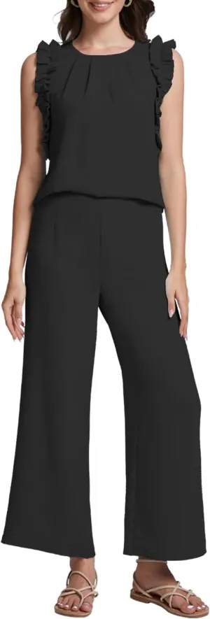 ROYLAMP Women's Summer 2 Piece Outfits Ruffled Round Neck Tank Jumpsuits Cropped Wide Leg Pants Matching Set