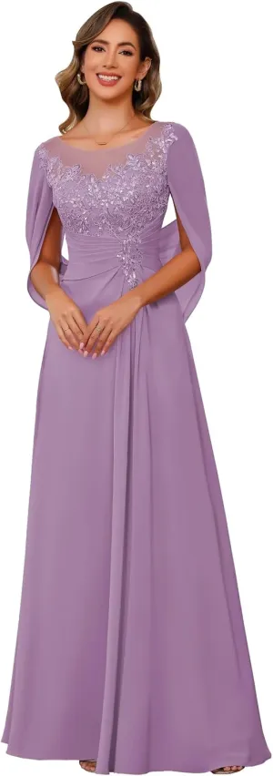 RSOETOO Lace Appliques Cape Sleeve Mother of The Bride Dresses Mermaid Long Chiffon Lace Mother Groom Dress for Wedding RO209