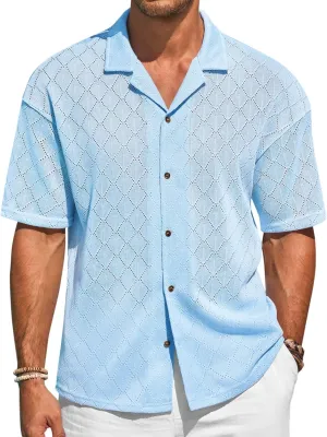 Runcati Mens Knit Button Down Shirts Casual Cuban Collar Short Sleeve Shirt Summer Beach Hollow Out Tops