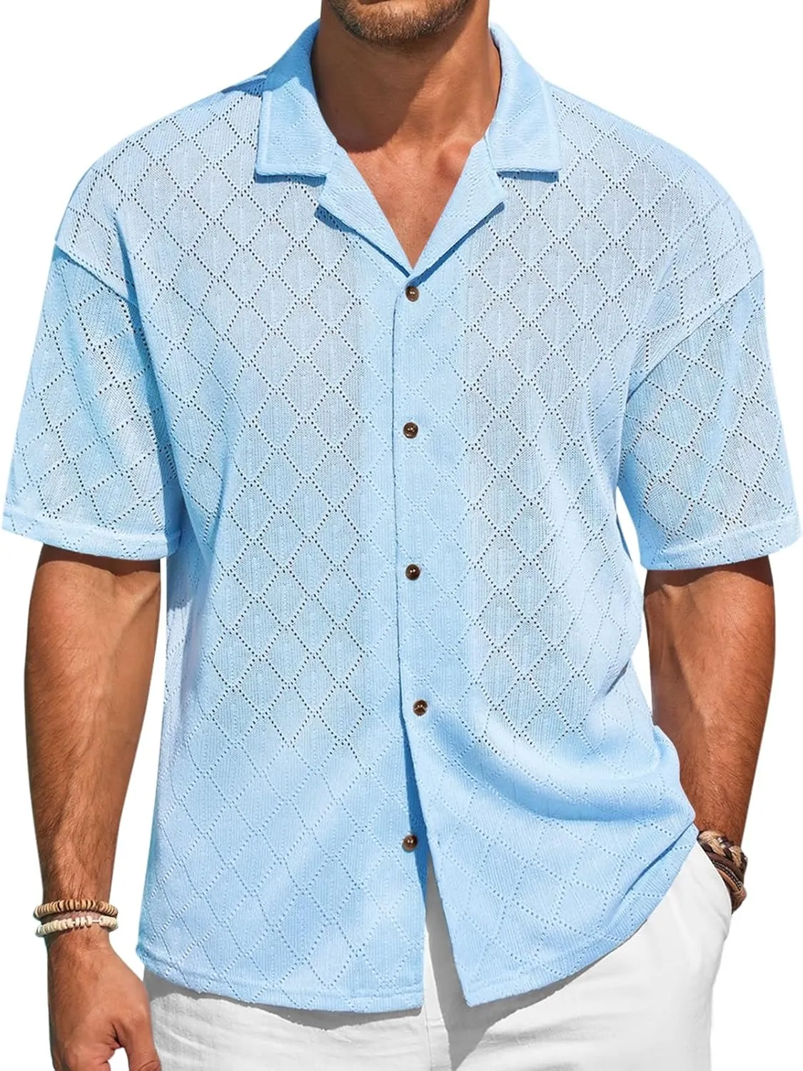 Runcati Mens Knit Button Down Shirts Casual Cuban Collar Short Sleeve Shirt Summer Beach Hollow Out Tops