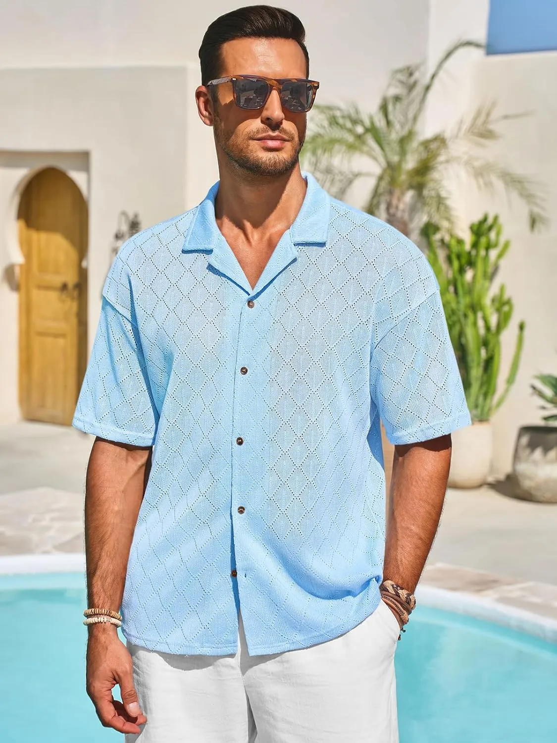 Runcati Mens Knit Button Down Shirts Casual Cuban Collar Short Sleeve Shirt Summer Beach Hollow Out Tops
