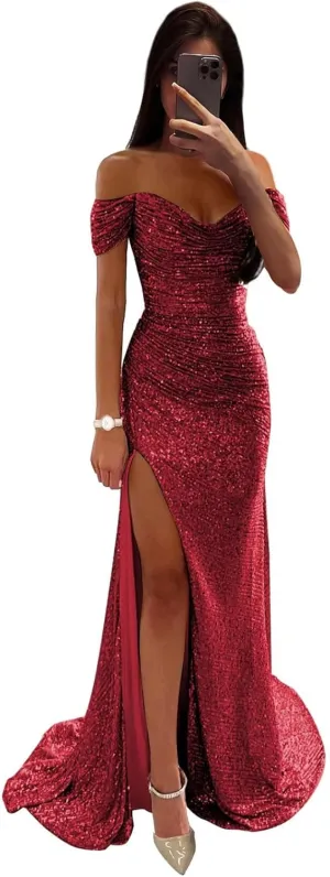 Sequin Prom Dresses for Women Off Shoulder V-Neck Long Ball Gown with Slit Formal Evening Party
