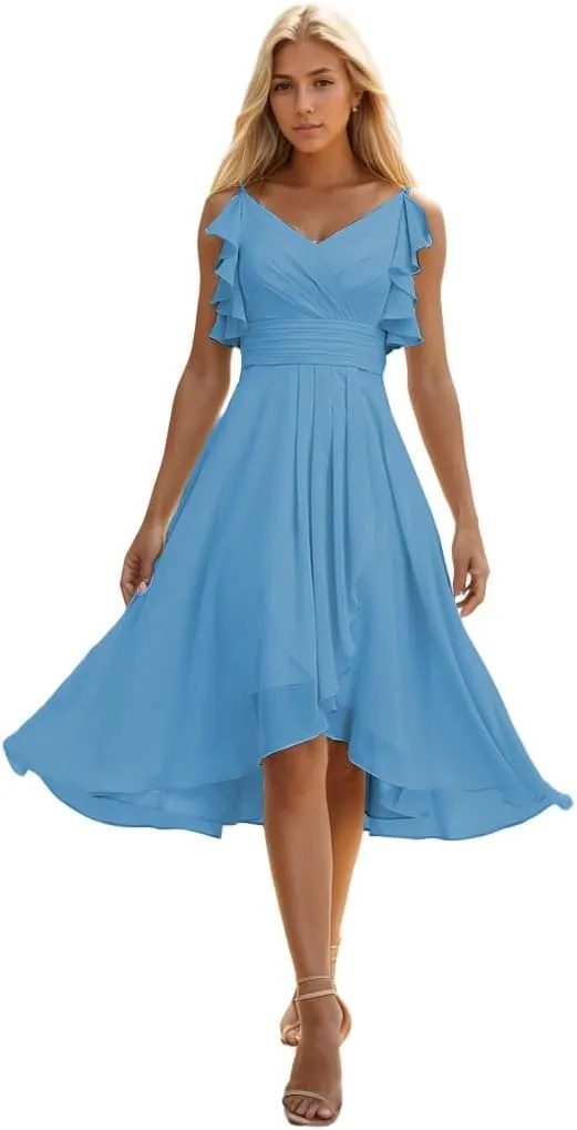 Short Bridesmaid Dresses for Women Spaghetti Straps High Low Chiffon Ruffle Evening Gowns for Wedding