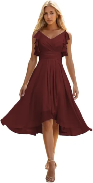Short Bridesmaid Dresses for Women Spaghetti Straps High Low Chiffon Ruffle Evening Gowns for Wedding