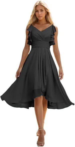 Short Bridesmaid Dresses for Women Spaghetti Straps High Low Chiffon Ruffle Evening Gowns for Wedding