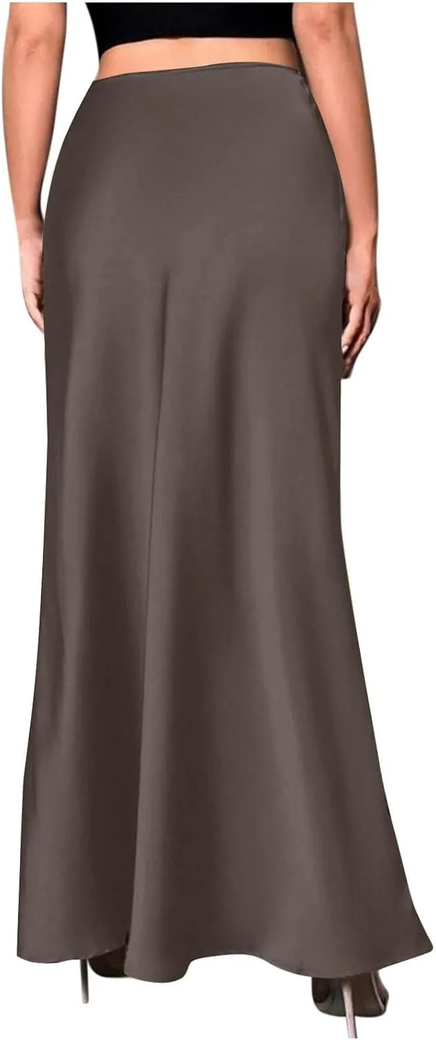 Silk Satin Maxi Skirt for Women Solid Fashion Elegant High Waisted Skirts Summer Cocktail Party Wedding A Line Skort