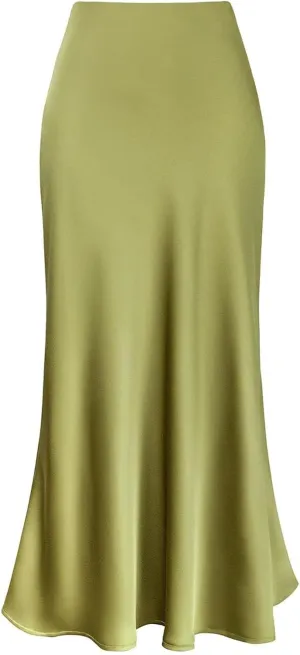 Silky Satin Long Skirt for Women High Waisted A Line Maxi Skirts Cocktail Party Skirt