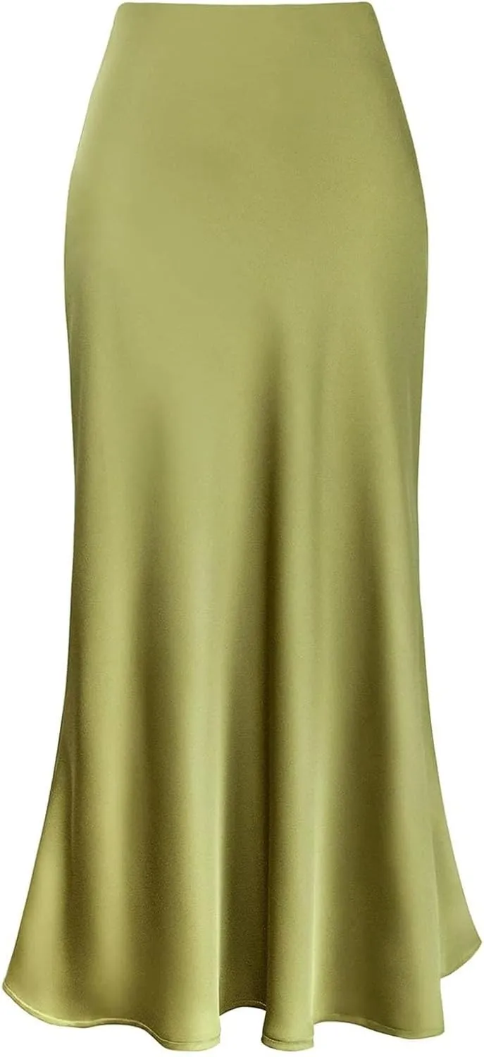 Silky Satin Long Skirt for Women High Waisted A Line Maxi Skirts Cocktail Party Skirt