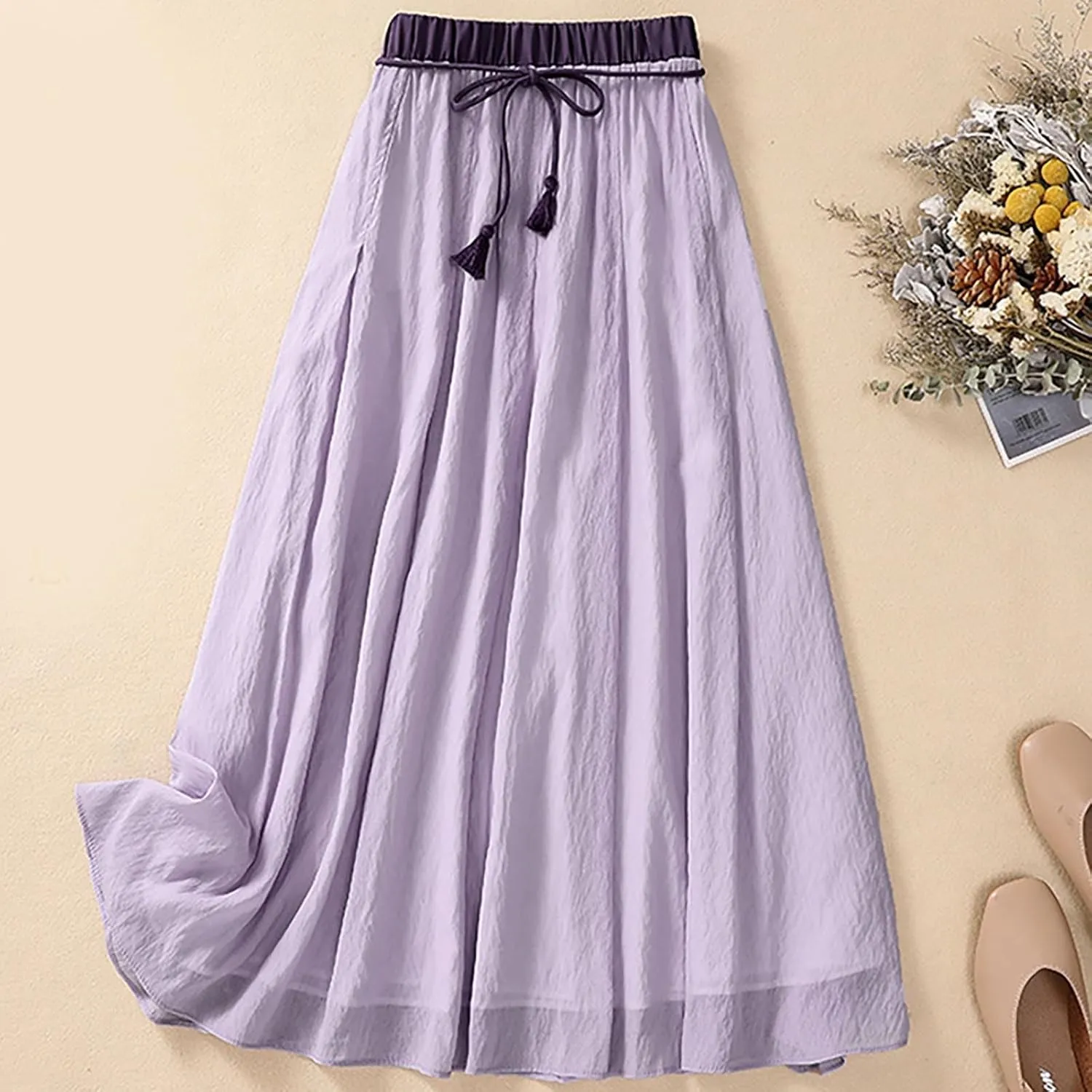 Skirts for Women Fall Spring Elastic Waist Double Layer Skirt Ethic Linen Long Skirts Comfy Loose Fit Midi Skirt