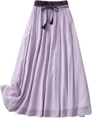Skirts for Women Fall Spring Elastic Waist Double Layer Skirt Ethic Linen Long Skirts Comfy Loose Fit Midi Skirt