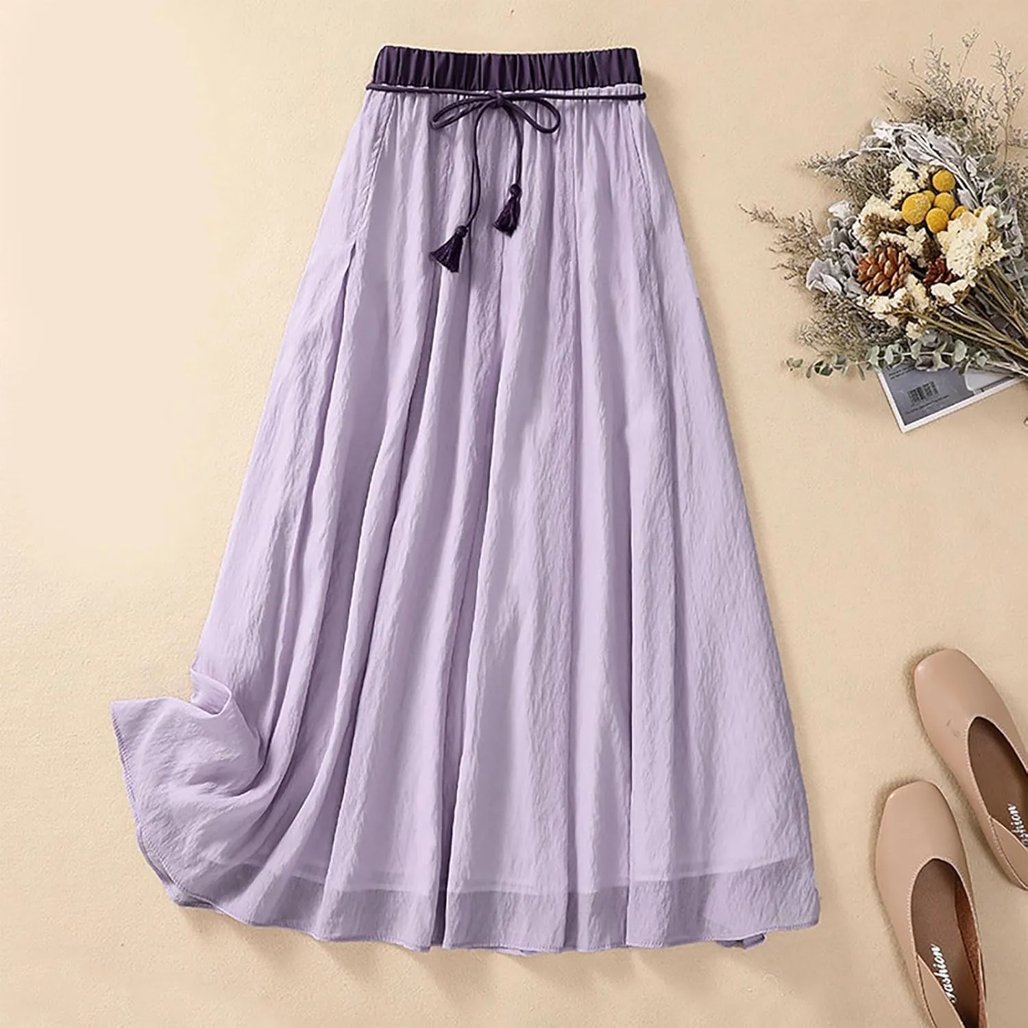Skirts for Women Fall Spring Elastic Waist Double Layer Skirt Ethic Linen Long Skirts Comfy Loose Fit Midi Skirt