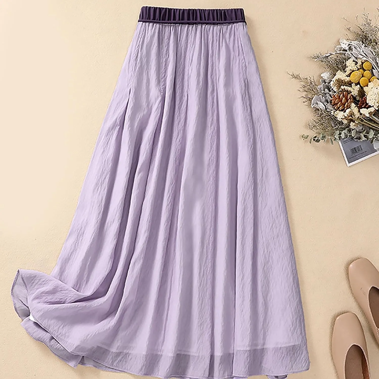 Skirts for Women Fall Spring Elastic Waist Double Layer Skirt Ethic Linen Long Skirts Comfy Loose Fit Midi Skirt