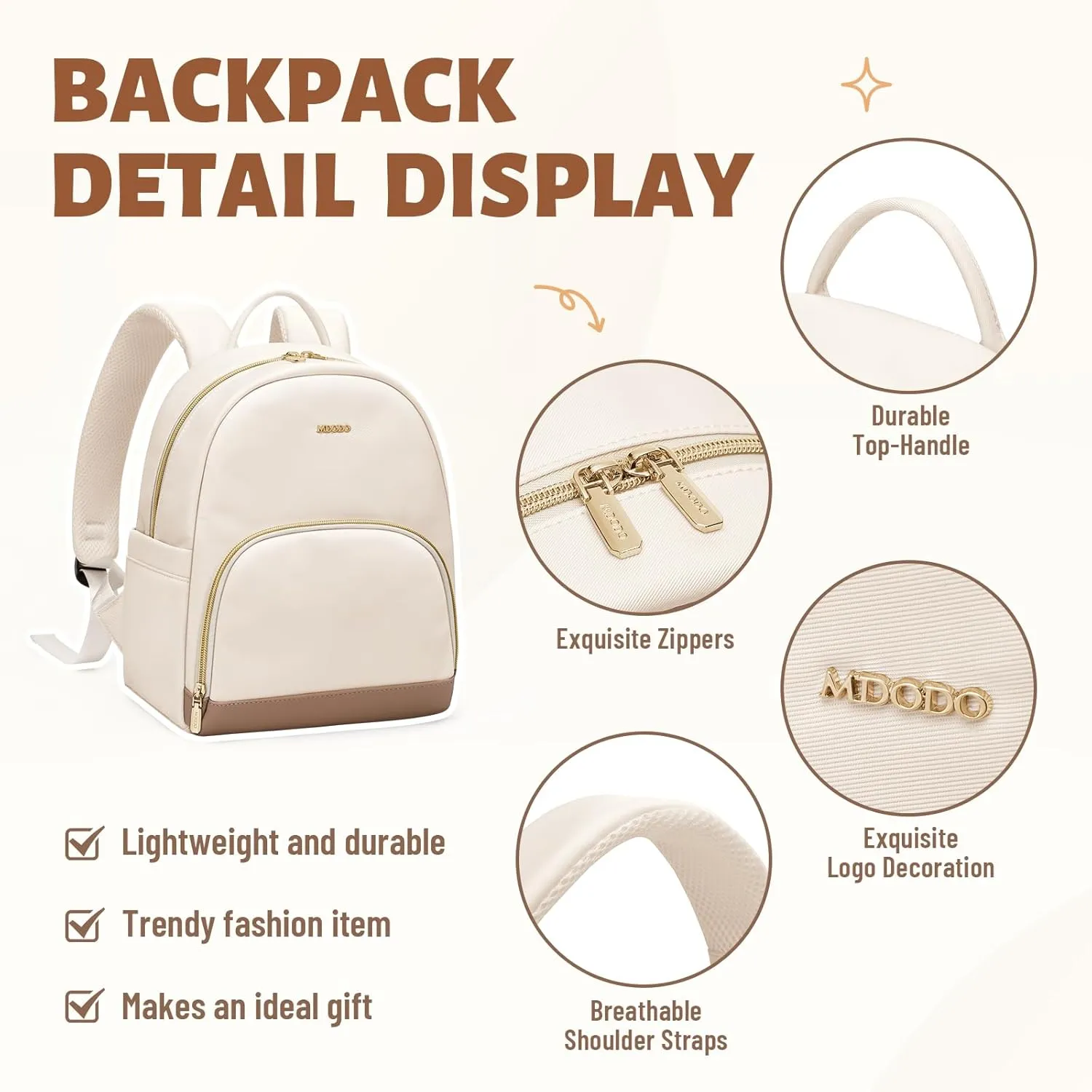 Small Backpack for Women Waterproof Stylish Mini Backpack Daypack Purses Cute Bookbag for Casual College Travel Daily,fit 10.9Inch iPad,Beige