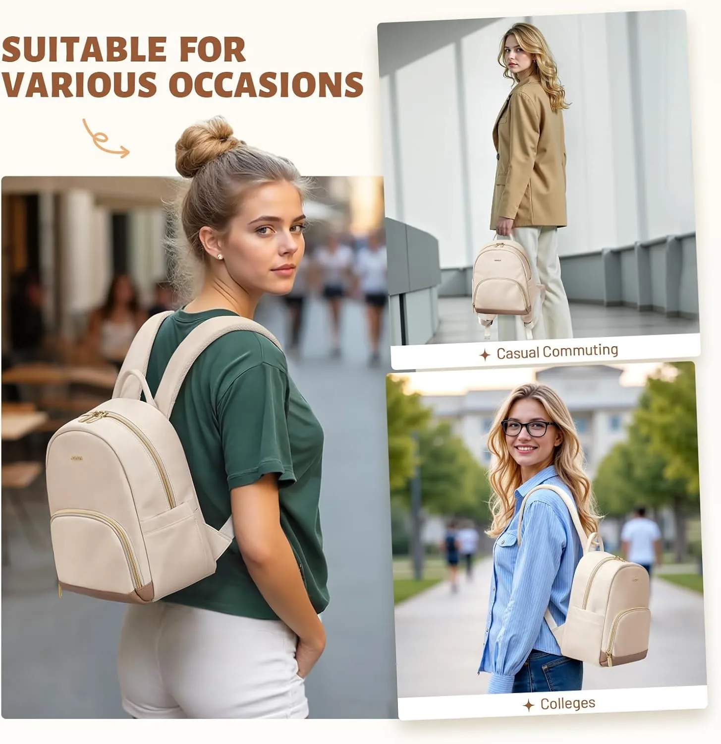 Small Backpack for Women Waterproof Stylish Mini Backpack Daypack Purses Cute Bookbag for Casual College Travel Daily,fit 10.9Inch iPad,Beige