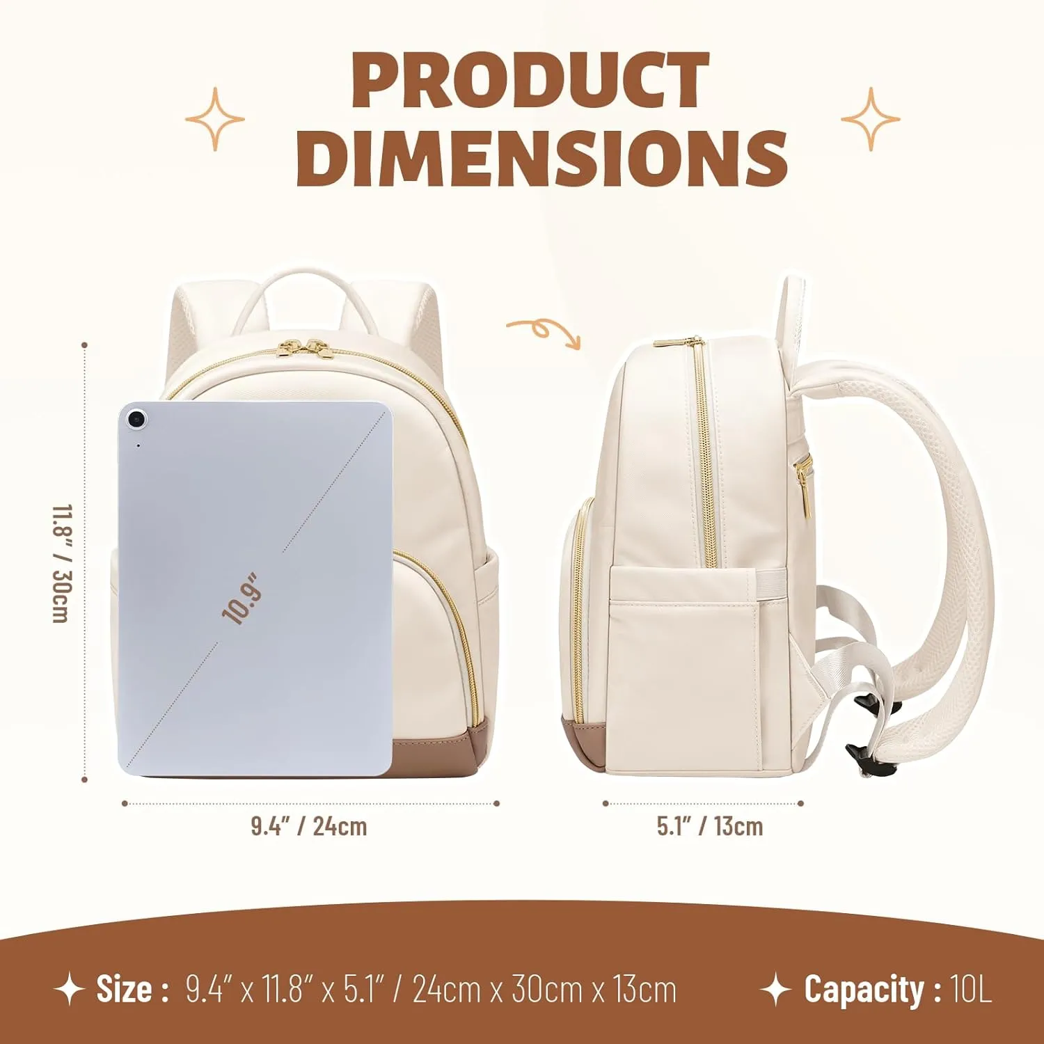 Small Backpack for Women Waterproof Stylish Mini Backpack Daypack Purses Cute Bookbag for Casual College Travel Daily,fit 10.9Inch iPad,Beige