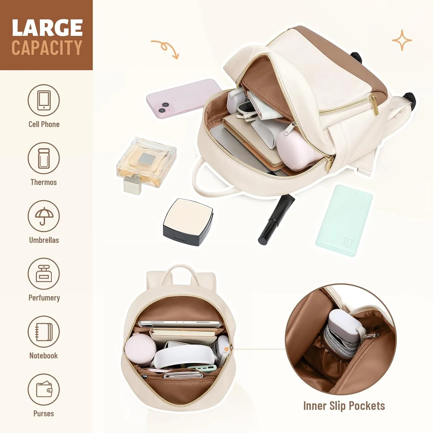 Small Backpack for Women Waterproof Stylish Mini Backpack Daypack Purses Cute Bookbag for Casual College Travel Daily,fit 10.9Inch iPad,Beige