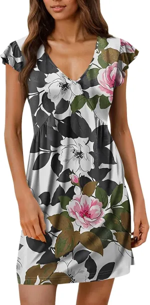 Summer Dress Deep V Neck Beach Sun Dress Ruffle Sleeve Mini Flapper Dress Floral Print Casual Dress