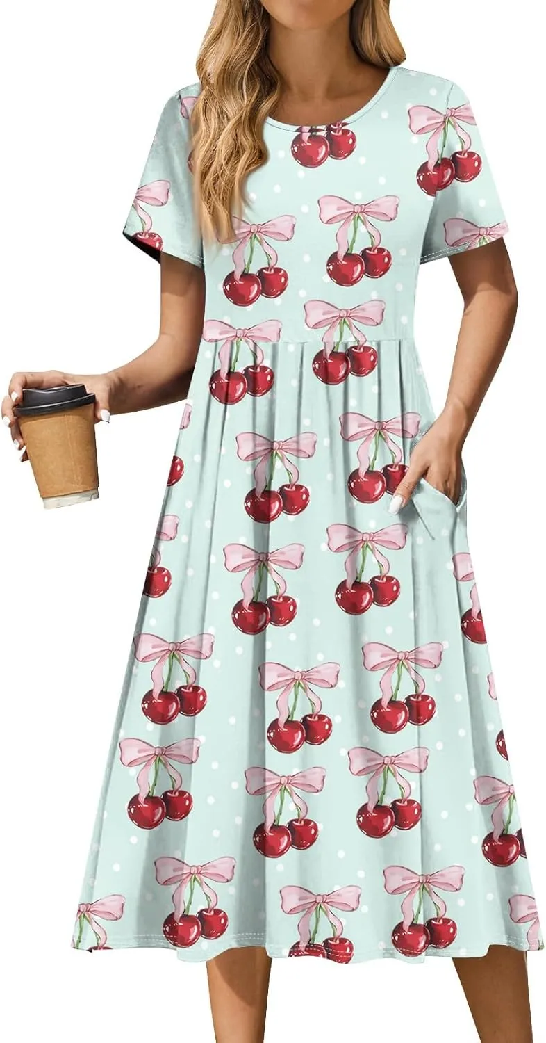 Summer Dresses for Women 2025 Beach Boho Hawaiian Casual Crewneck Short Sleeve Midi Formal Bodycon Vacation Sun Dress