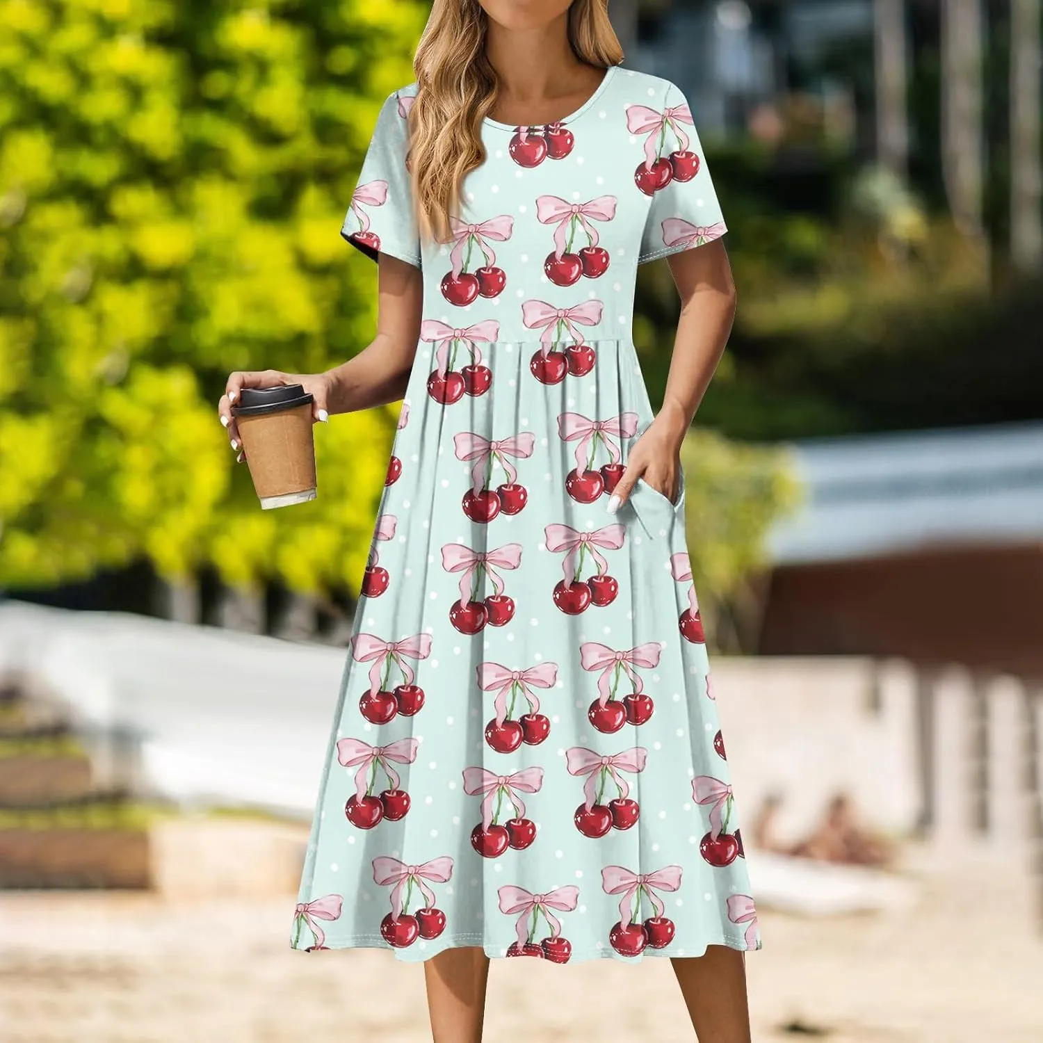 Summer Dresses for Women 2025 Beach Boho Hawaiian Casual Crewneck Short Sleeve Midi Formal Bodycon Vacation Sun Dress