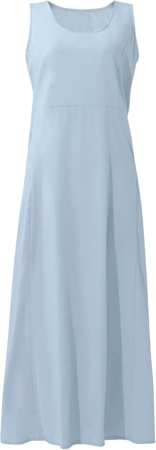 Summer Dresses for Women 2025 Casual Boho Sundress Crew Neck Sleeveless Beach Vacation Maxi Dresses with Pockets