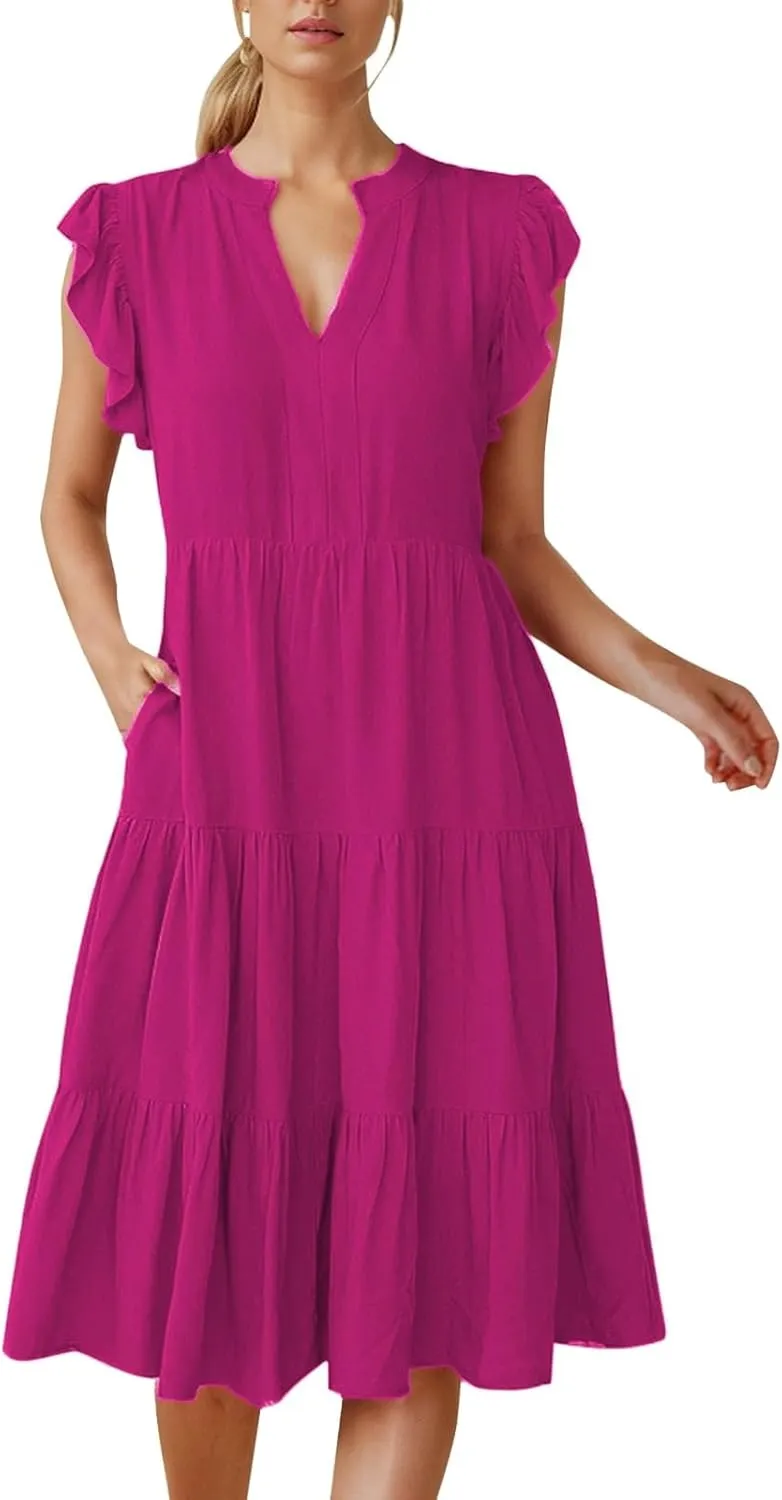 Summer Dresses for Women 2025 Solid Ruffled Sleeve V-Neck Casual Loose Flowy Patchwork Midi Dress with Pockets