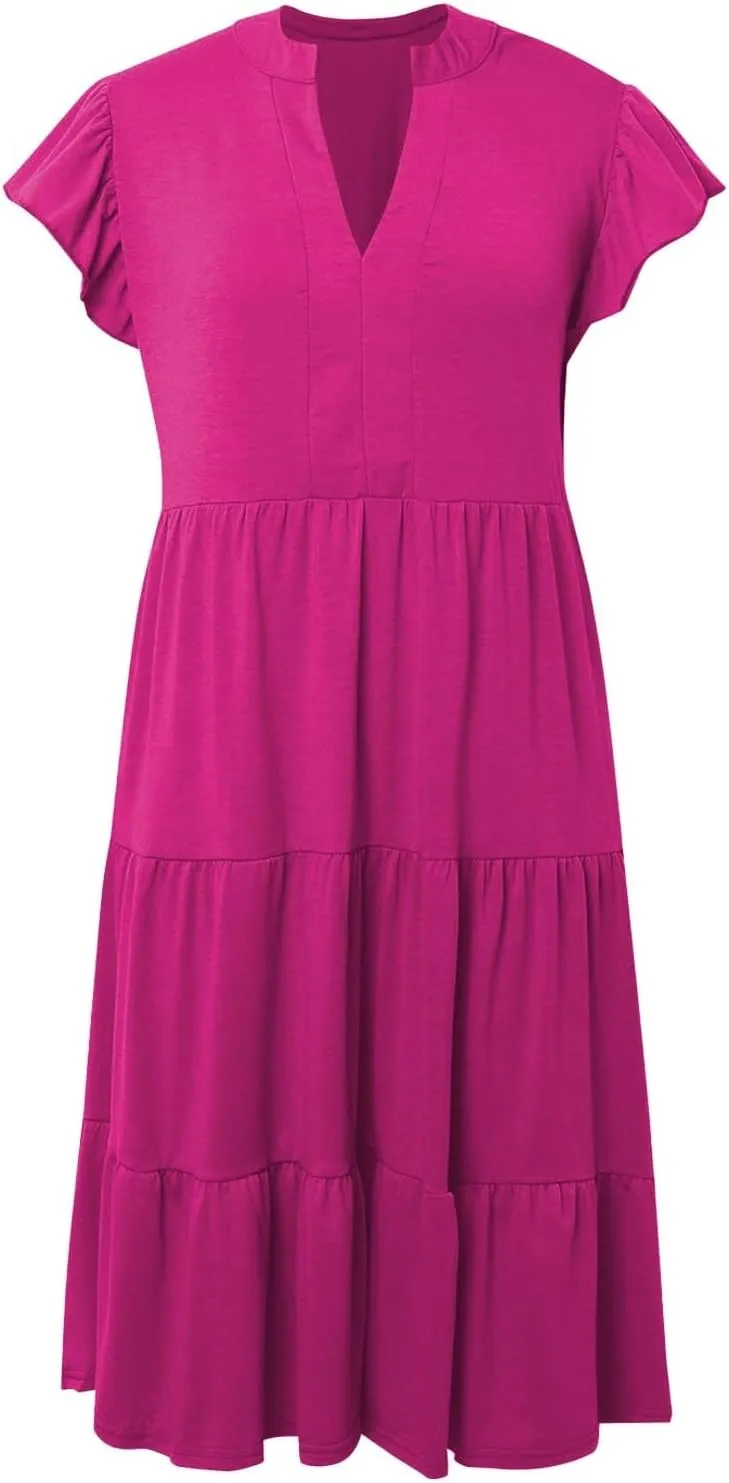 Summer Dresses for Women 2025 Solid Ruffled Sleeve V-Neck Casual Loose Flowy Patchwork Midi Dress with Pockets