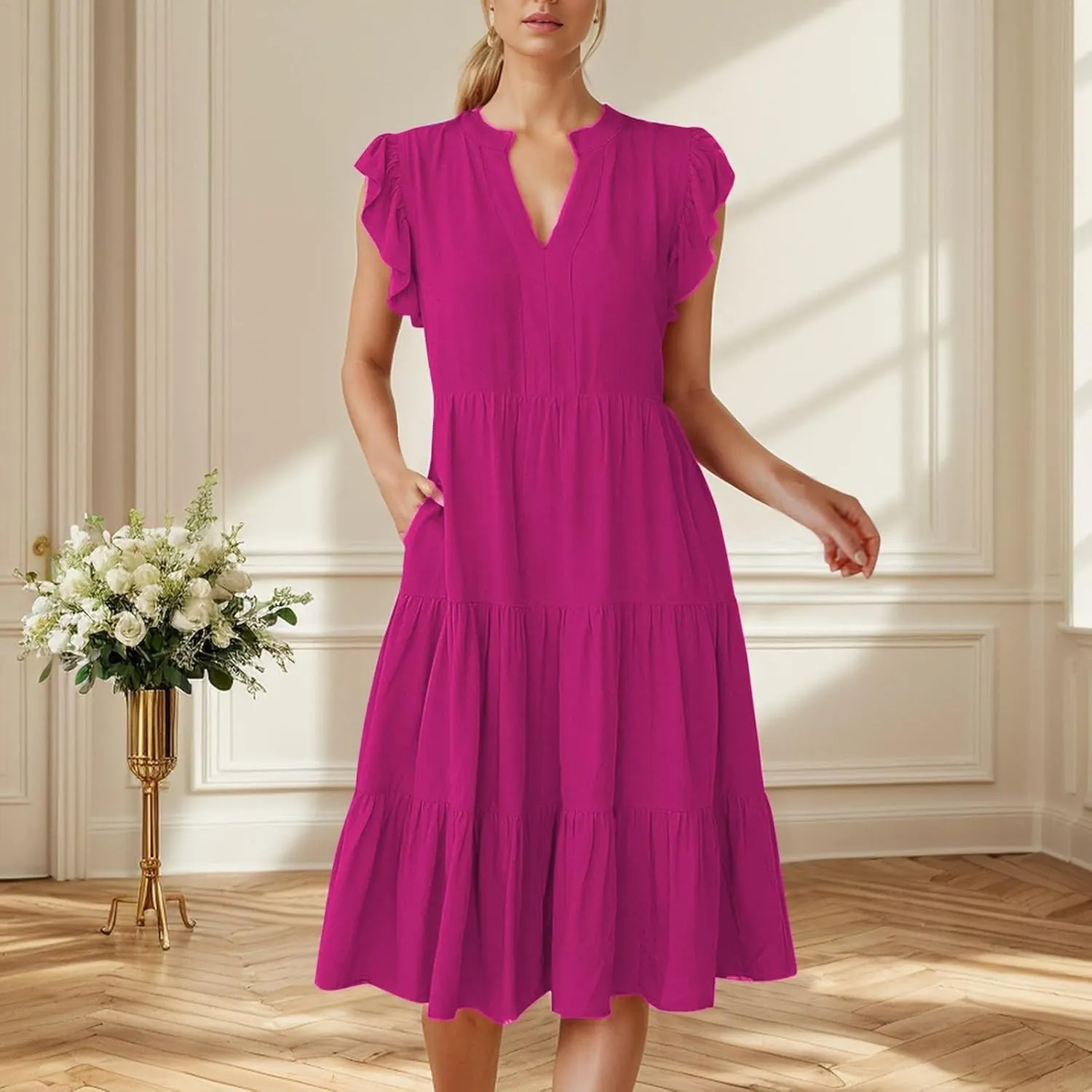 Summer Dresses for Women 2025 Solid Ruffled Sleeve V-Neck Casual Loose Flowy Patchwork Midi Dress with Pockets