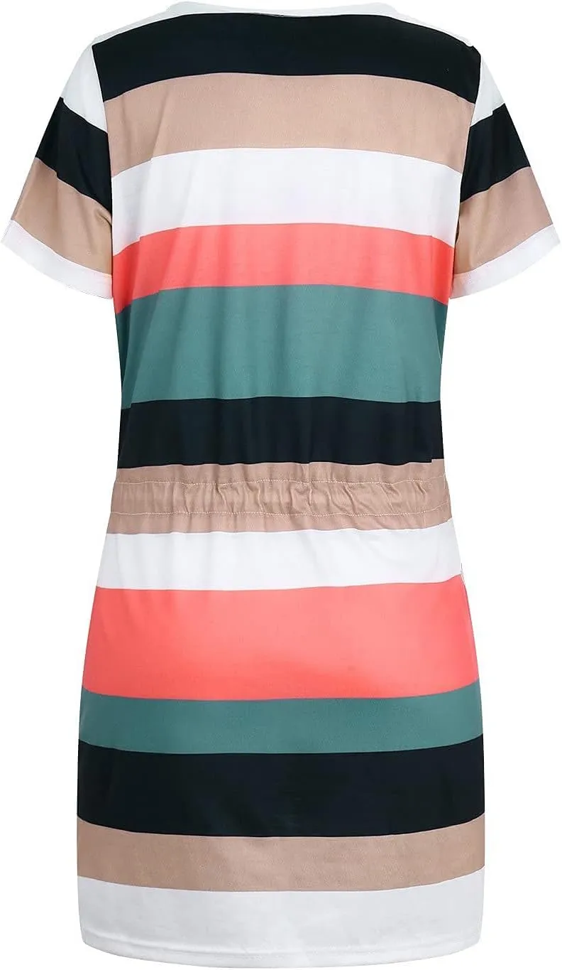 Summer Dresses for Women 2025 Striped A-Line Boho Sundress Short Sleeve V-Neck Beach Vacation Mini Dress with Pocket