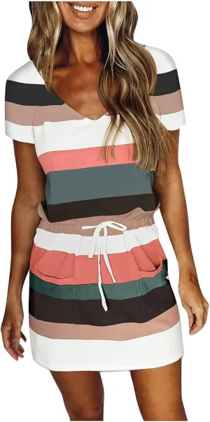 Summer Dresses for Women 2025 Striped A-Line Boho Sundress Short Sleeve V-Neck Beach Vacation Mini Dress with Pocket