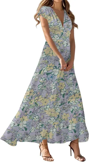 Summer Dresses for Women Short Sleeve Deep V Neck Maxi Dress Fitted Vintage Floral Print High Waist Dress