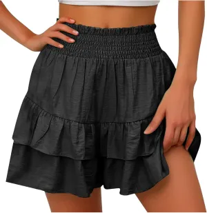 Summer Linen Shorts for Women Dressy Casual Elastic High Waisted Skorts 2025 Fashion Ruffle Pleated Flowy Short Pants