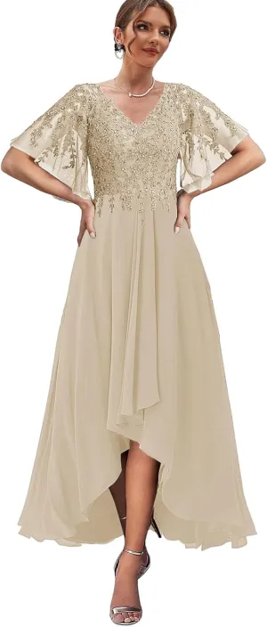 Tea Length Mother of The Bride Dresses for Wedding High Low Lace Formal Evening Gown with Sleeves
